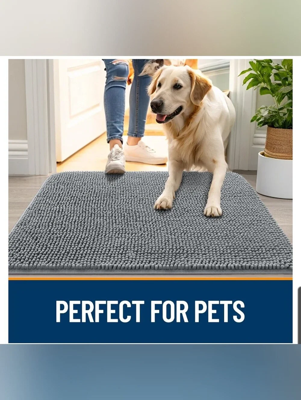 Plush Gray Chenille Bath Mat Traps Dirt – Soft Non-Slip Floor Rug 47x17